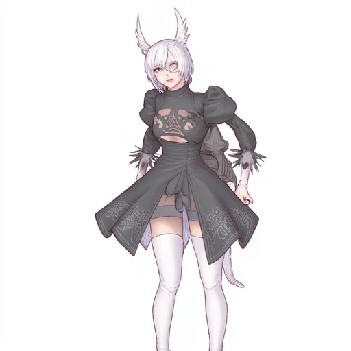 2bxiv,  1girl, solo, thighhighs, cosplay, au ra, dress, horns, thigh boots, boots, white hair, long hair, cleavage cutout, clothing cutout, dragon horns, puffy sleeves, thighhighs under boots, blunt bangs, feather-trimmed sleeves, juliet sleeves, white footwear,