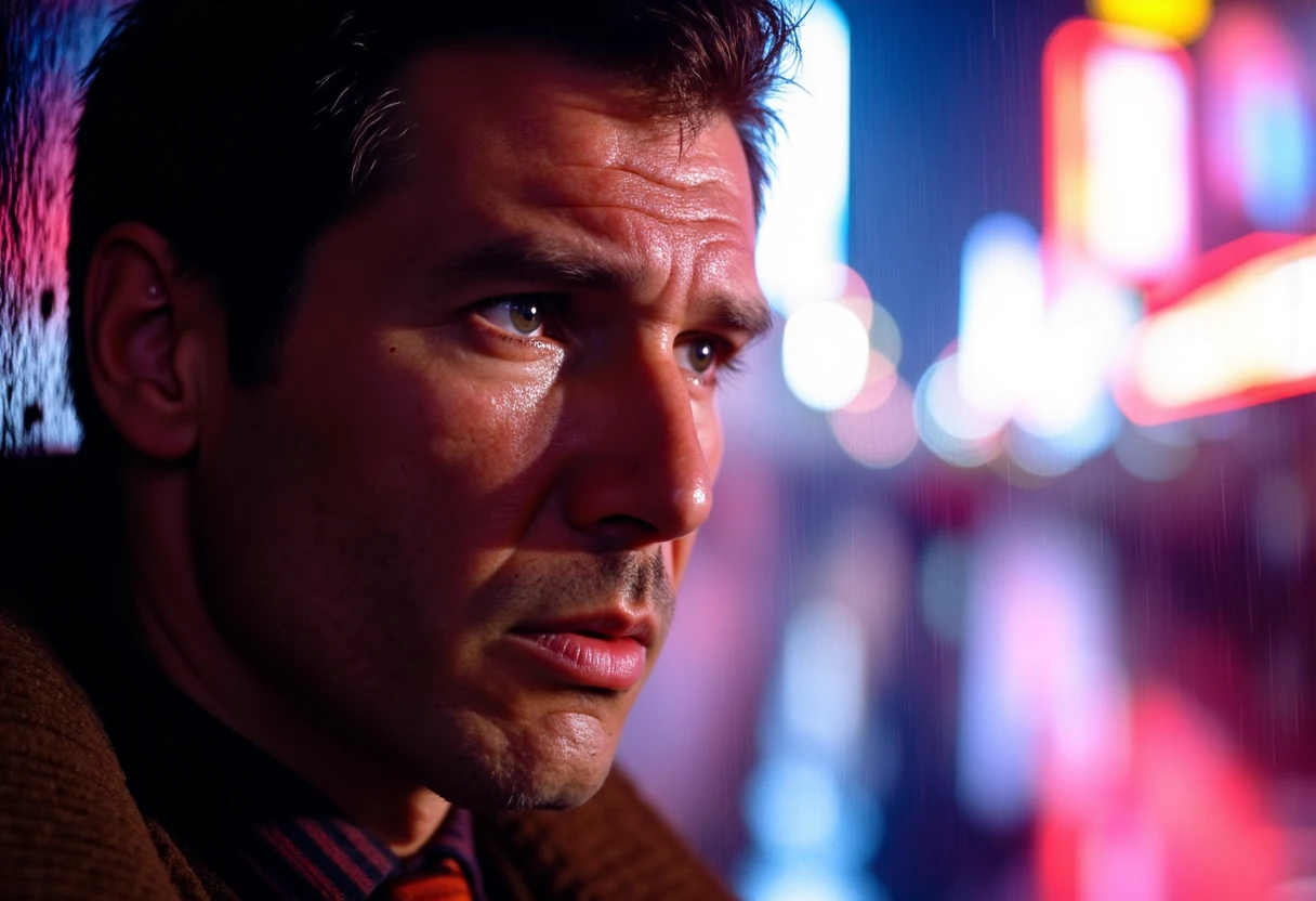 dkrd, Create a photorealistic close-up image of Deckard standing in the rain in a dystopian city, rendered in cyberpunk digital art, inspired by Ridley Scott's 'Blade Runner' and Syd Mead. Focus on Deckard's face, capturing rain streaming down his features and his expression conveying determination and introspection. Use the neon-lit cityscape and rain-soaked street as a blurred background to enhance the focus on Deckard. Illuminate his face with reflections from neon lights to create a colorful and moody ambiance. Highlight deep blues, purples, and vibrant neon hues, emphasizing realistic wet textures on his skin and coat. Emphasize the sharp detail of Deckard's facial features, with a soft blur on the background to maintain focus. Exclude any other characters, weapons, or natural landscapes