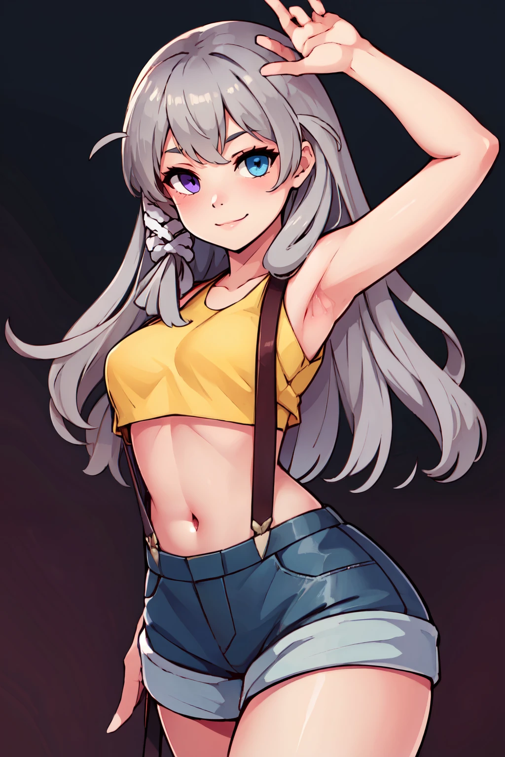 ((masterpiece,best quality)), absurdres,  BREAK, , <lora:Murmansk_Azurlane:0.8>, zzMurmansk, long hair, purple eyes, heterochromia, blue eyes, bangs, grey hair, , BREAK,  <lora:Misty_Pokemon_Cosplay_v3:0.8>,  misty (pokemon) (cosplay), yellow crop top, suspenders,, BREAK, solo, smile, looking at viewer, cowboy shot,