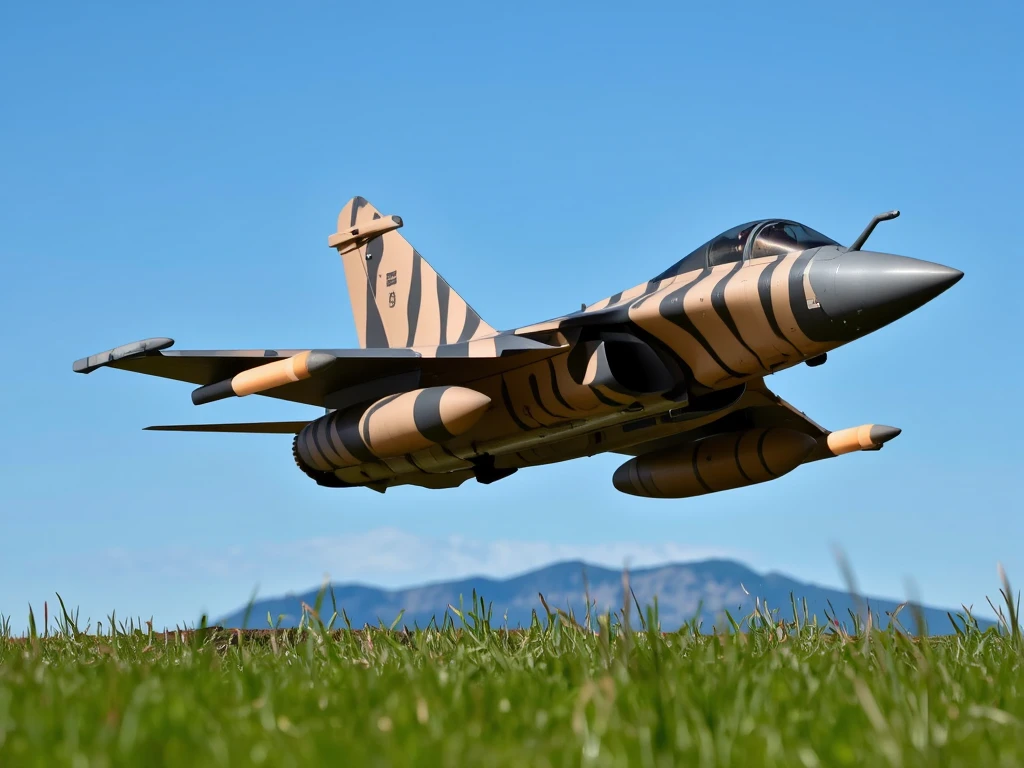 detailmaximizer d4rkc0mic, This photograph captures a detailed, colorful scene of a highly detailed representation of (a rafale fighter jet:1.1), flying in the air very low above ground, low pass flight, almost touching grass on the ground, launching flares, lots of smoke trails from the flares, (doing a steep climb:0.35), slight front view, smoke trails on the side of the plane near wings edges, sporting a special zebra paint job, (the image is crisp, lots of details, very sharp definition:0.3), blue sky, mountain range in the background, ultra high quality image, cinematic lighting, stricking composition, realistic metalic surface stricking composition, dramatic lighting, mastery of color calibration, (not too dark:0.8), not too bright, perfect composition, the image is not overexposed, and the image is not oversaturated, 