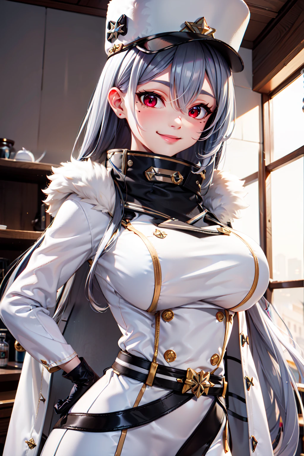 (masterpiece), <lora:Beautiful_CAT_v3:0.8>, best quality, high resolution, highly detailed, perfect lighting, (upper body), , <lora:Rossiya_Azurlane:0.8>, zzRossiya, long hair, red eyes, hair between eyes, white hair, mole, very long hair, mole under eye, bangs, grey hair, hat, white headwear, military hat, black gloves, double-breasted, fur-trimmed coat, high collar, white coat, belt, elbow gloves, ,  , solo, smiling, looking at viewer,, BREAK, hip to the side, hand on hip, contrapposto,