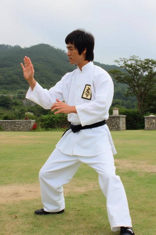 shaolinabbot_brucelee, a chinese shaolinabbot_brucelee man, brucelee, 1boy, male focus, solo, black hair, dressed in traditional white Chinese martial arts attire, outdoors, martial arts arena, grass, trees, sky, martial arts pose <lora:ShoalinAbbot_BruceLee_ETD_Flux:1>