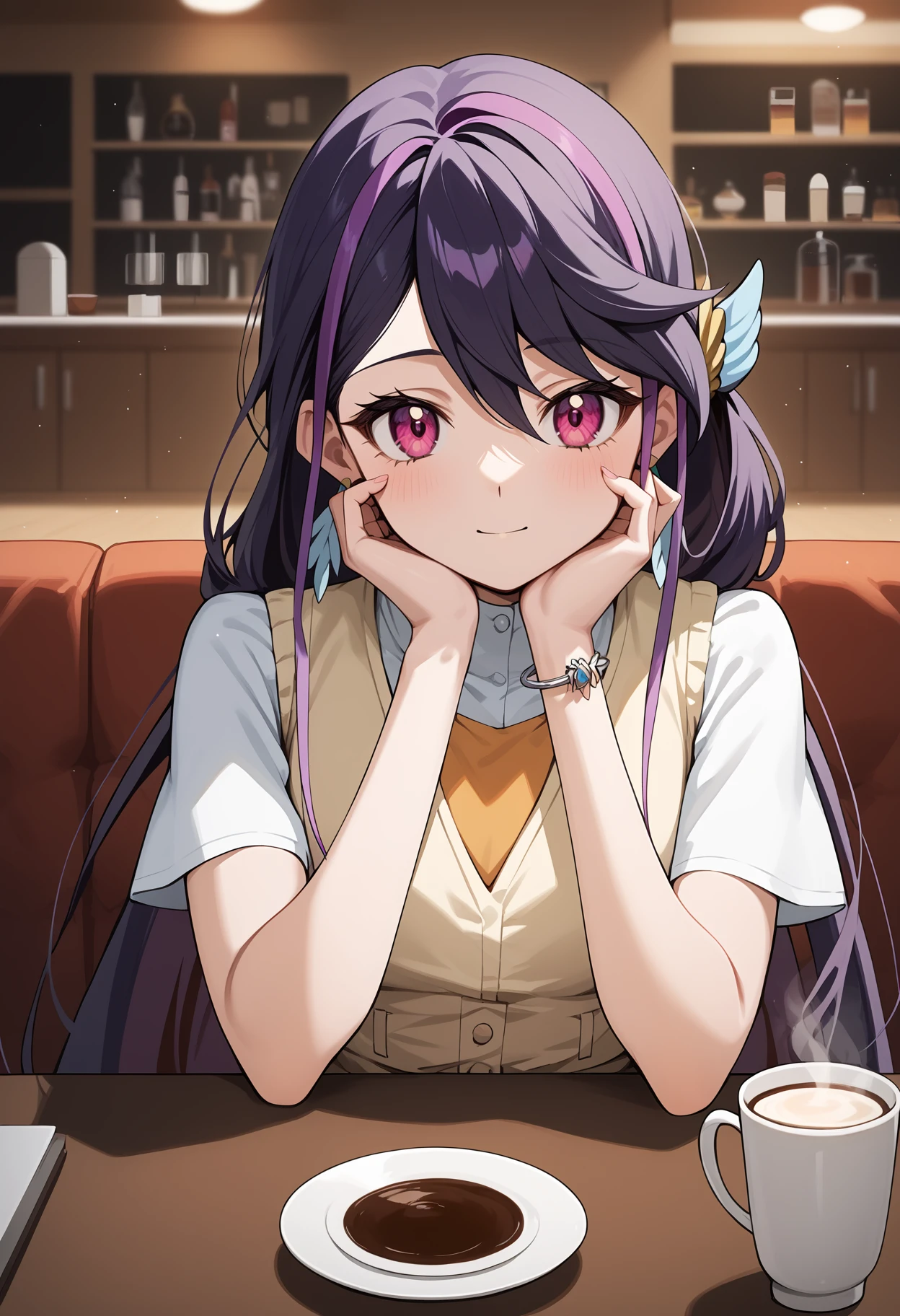 score_9, score_8_up, score_7_up, score_6_up, score_5_up, score_4_up, source_anime, aaruri, long hair, multicolored hair, purple hair, hair ornament, earrings, pink eyes, pinafore dress, yellow dress, short sleeves, bracelet, <lora:kurosaki_ruri_ponyxl_v1:0.9>, cafe, sitting, table, coffee, arm rest, hand on own cheek,