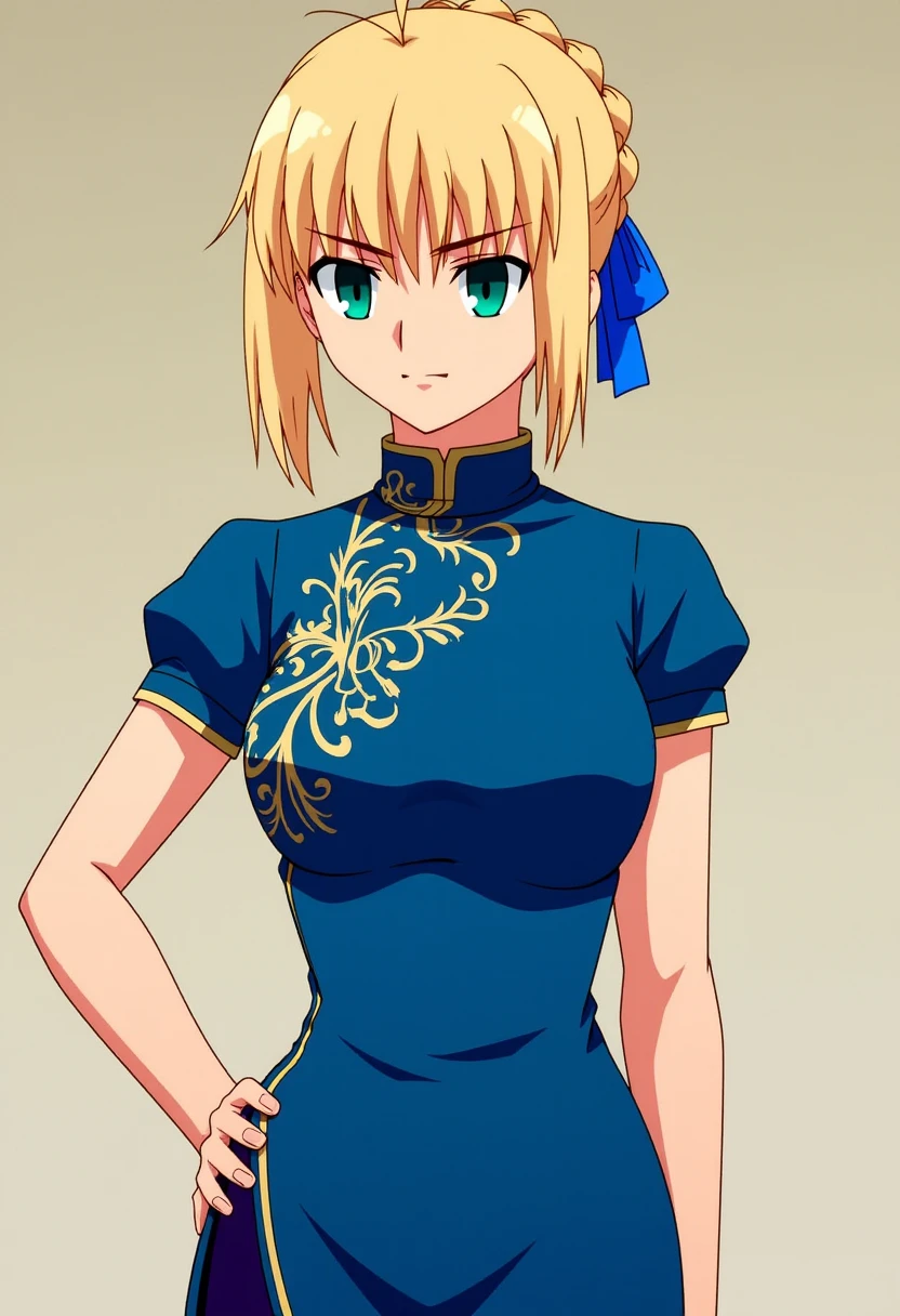 Anime style, sharp, high contrast and highly detailed. Ghibli anime style. Perfect anatomy. Perfect body ratio. No oversized head. No blurry, out of focus pictures. No simple background, no single color background.
 <lora:Atoria Pendragon_epoch_7:1>, 
A portrait of atoria. She has blonde hair. She is wearing a form-fitting, elegant short sleeve blue cheongsam with gold intricate patterns. The outfit has a high collar and a thigh-high slit on the side, showcasing her confident and poised stance. Her hair is styled in a braided updo, with a blue ribbon tied at the back, adding a regal touch to her appearance. The character's expression is calm yet fierce, with her hand placed confidently on her hip, set against a simple background to enhance her presence.