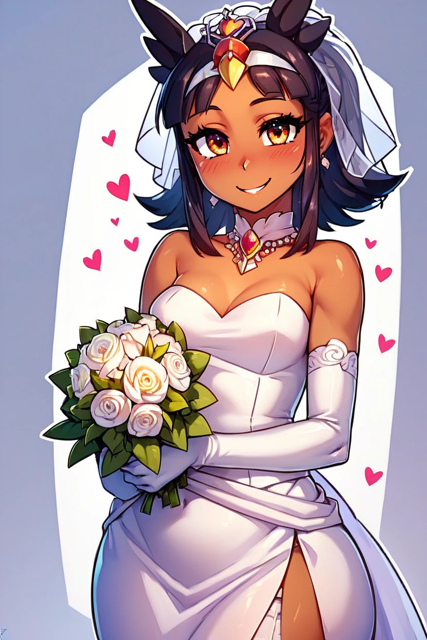 score_9, score_8_up, score_8, medium breasts, (curvy), cute, eyelashes,       BREAK, , zzToto, dark skin, 1girl, blush, black hair, jewelry,   <lora:Toto_Takatsu_PDXL_v2:0.8>, , BREAK, smile, looking at viewer,  bride, wedding dress, bridal veil, strapless dress, elbow gloves,  holding bouquet,  hearts, white outline, cowboy shot, embedding:zPDXL, Expressiveh, <lora:CatalystStylePDXL:0.6>,  <lora:SDXLFaeTastic2400:0.5>,  <lora:Expressive_H-000001:0.4>,