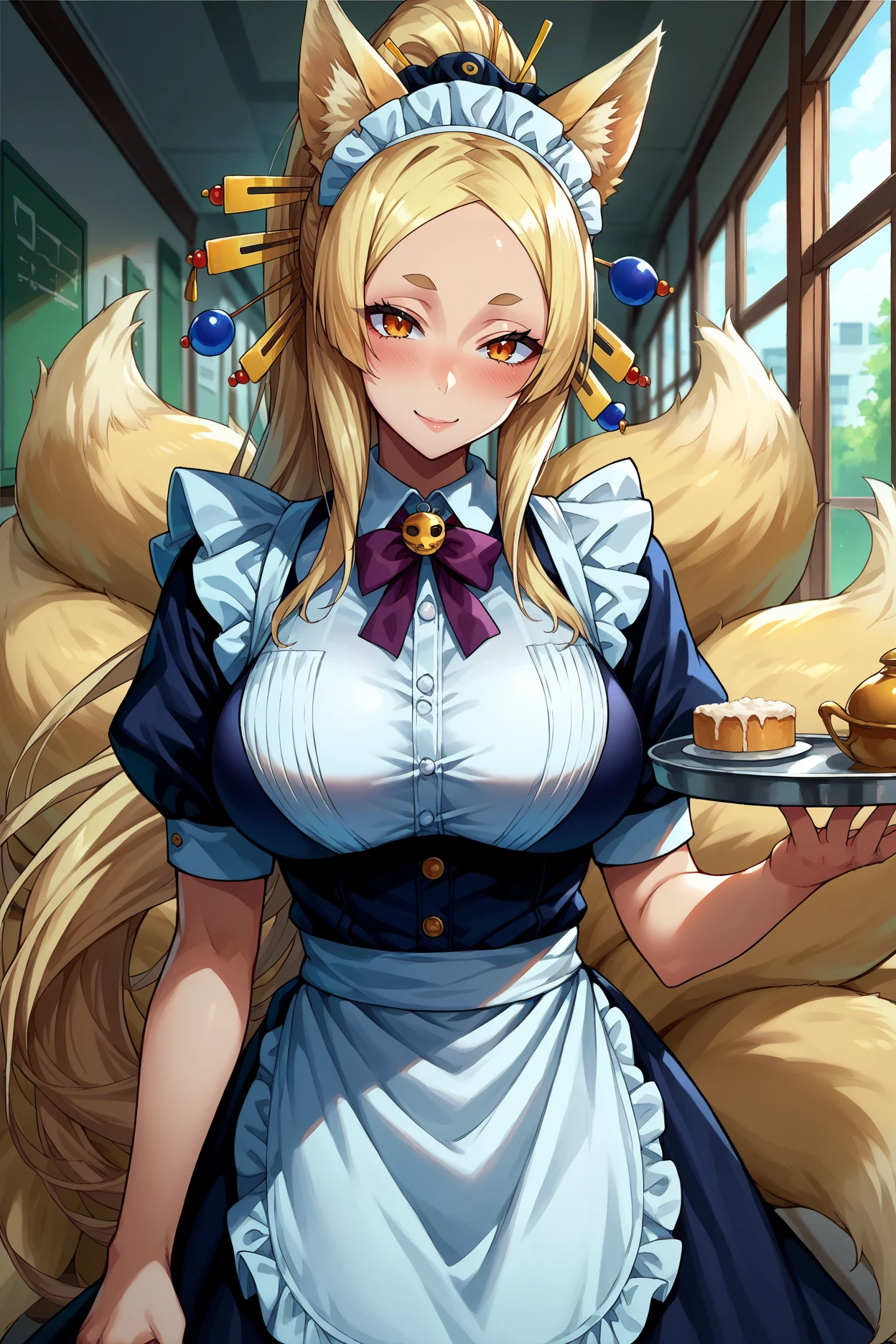 score_9, score_8_up, score_7_up, score_6_up, source_anime, 1girl, solo <lora:yasaka-pdxl-nvwls-v1-000005:1> yasaka, blonde hair, ponytail, amber eyes, hair ornament, fox ears, large breasts, multiple tails, maid headdress, maid dress, apron, frills, looking at you, smile, blush, holding tray, indoors, hallway