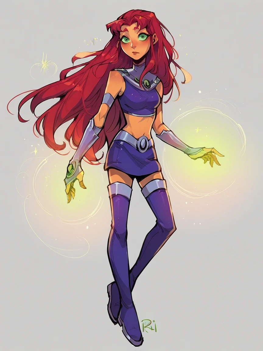 score_9, score_8_up, score_7_up, score_6_up, score_5_up,  <lora:StarfireXLPv2:1> starfire, 1girl, long hair, red hair, green eyes, solo, midriff, skirt, thighhighs, orange skin, thigh boots, gloves