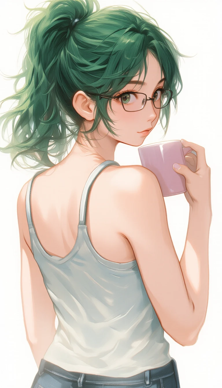 Young woman, back,wavy hair, cup, glasses, green hair, long hair, looking at viewer, mug, ponytail,solo, tank top, upper body,lyh