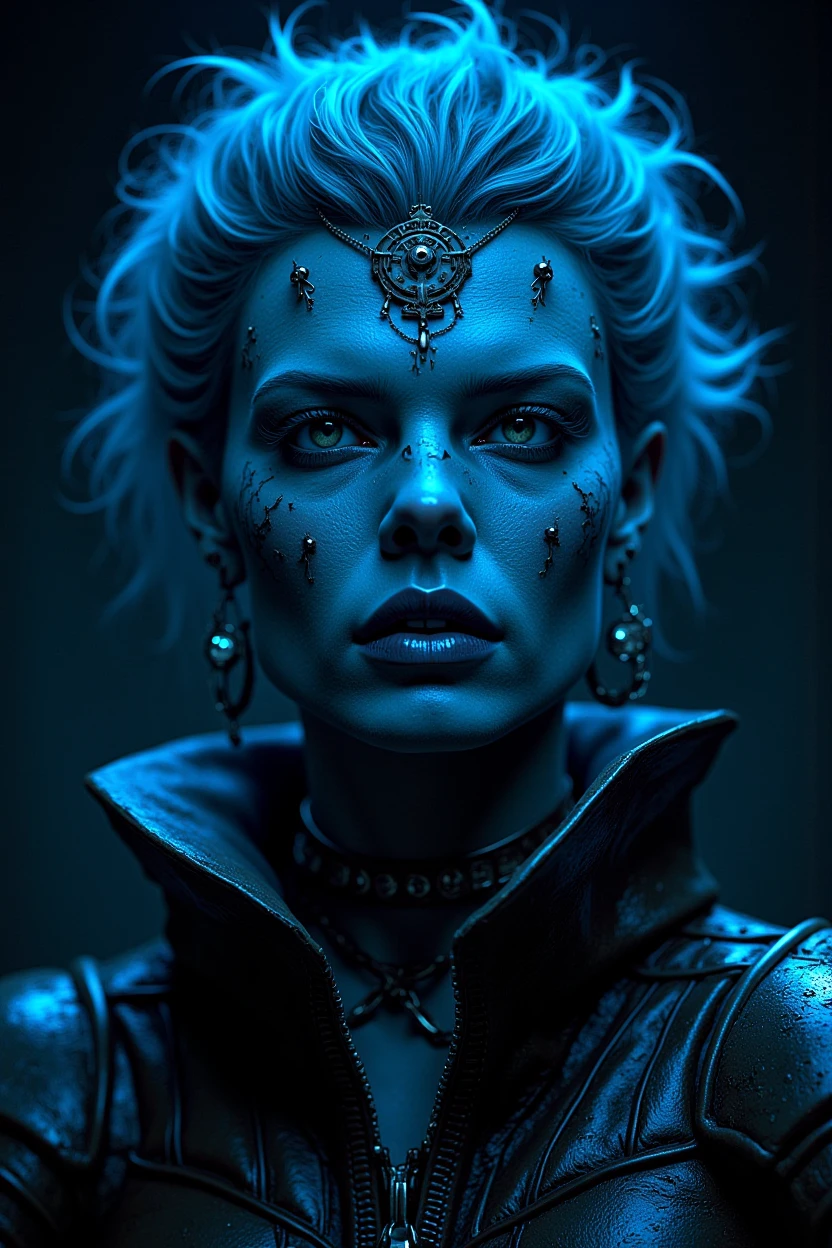 Surrealism, concept art film noir style  portrait of a blue-skinned orc woman wearing leather armor,  looking at the viewers, b1ue  <lora:FLUX_b1ue-000003:0.8> . monochrome, high contrast, dramatic shadows, 1940s style, mysterious, cinematic, digital artwork, illustrative, painterly, matte painting, highly detailed, expressive, dramatic, organic lines and forms, dreamlike and mysterious, Surrealism