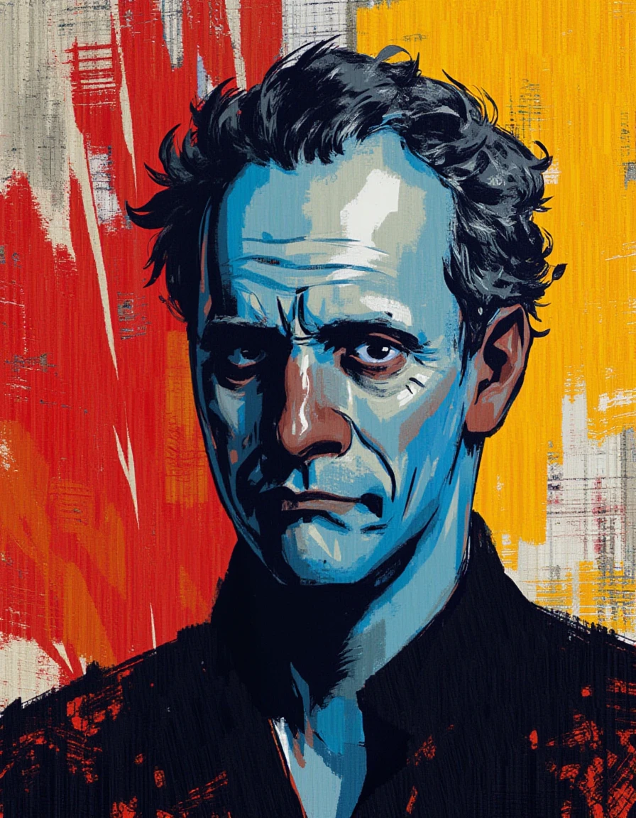 In a dynamic, abstract expressionist style, a striking headshot portrait of Dr. Jordan Peterson emerges, showcasing the contours of his face through bold, harsh brushstrokes that create an intense emotional resonance. His penetrating gaze, framed by tousled hair, is rendered with deep shades of blue and charcoal, embodying a sense of resolve and introspection. The background pulsates with a vivid tapestry of colors—fiery reds and soft yellows—interspersed with chaotic swirls that suggest the complexities of his thoughts and ideas. Layered textural elements, including splatters and drips of paint, shimmer in the light, giving the impression of dynamic movement and energy. This vibrant backdrop amplifies the subject’s multifaceted personality, reflecting his impact on discourse. Each brushstroke and color choice weaves a narrative of passion and intensity, inviting viewers to deeply contemplate the essence of his character and the tumultuous nature of contemporary debates surrounding identity and psychology.