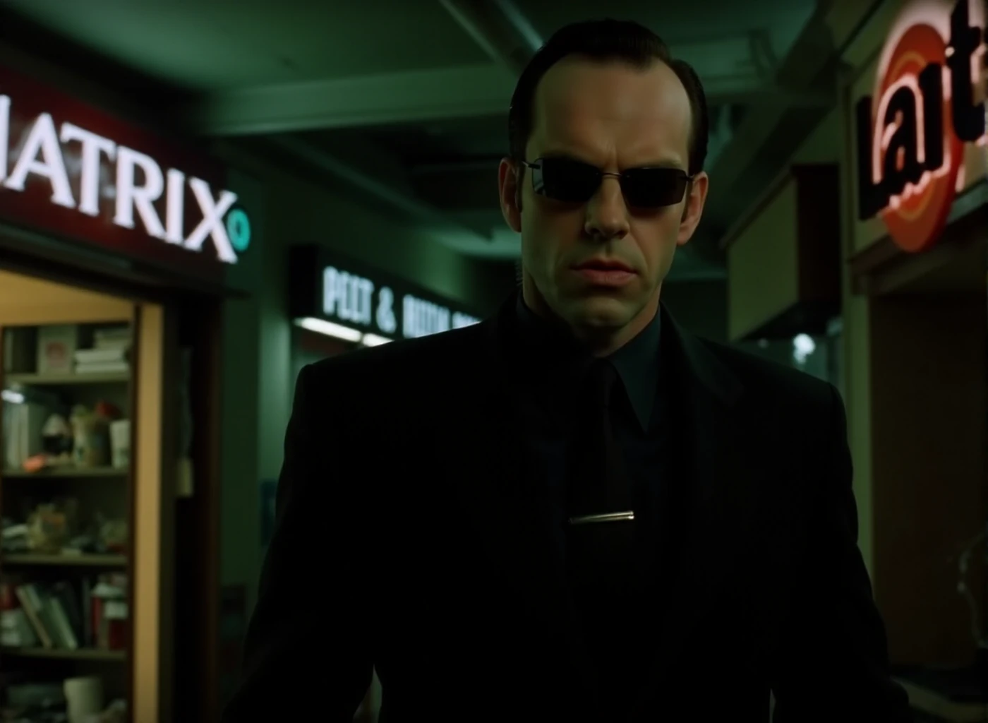 Smith wears a black suit and sunglasses and an earpiece. He stands at the entrance of a computer shop with a neon sign with the text "The Matrix" <lora:Smith:0.9>