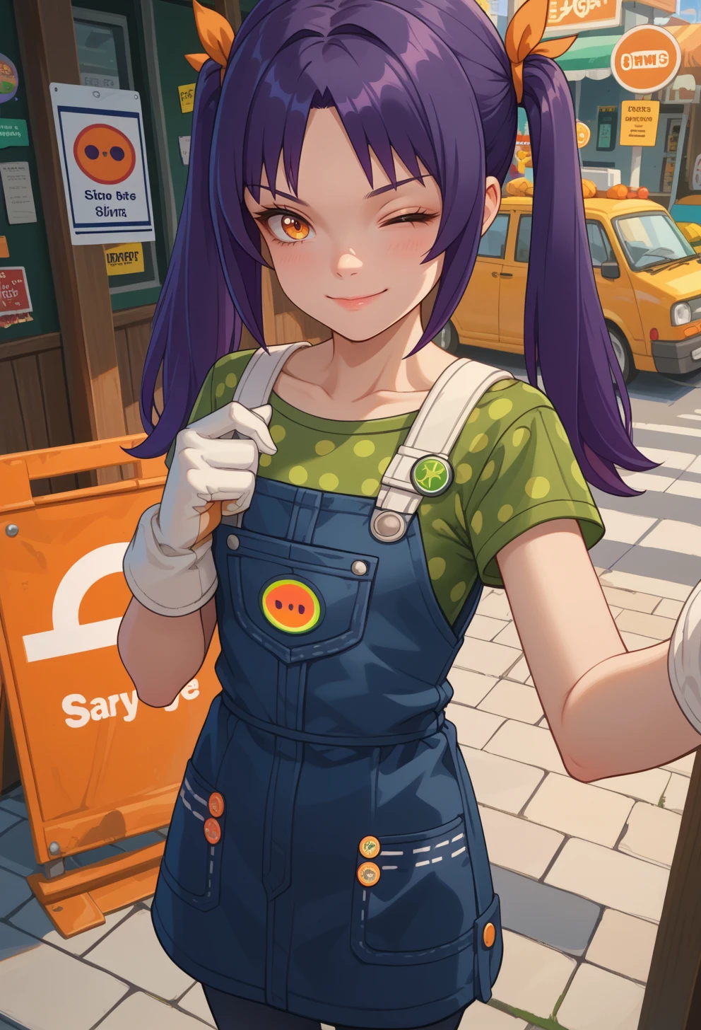 score_9, score_7_up, source_anime, BREAK <lora:AESjal:0.7> AESjal, orange eyes, long hair, purple hair, sidelocks, twintails, hair ribbon, orange ribbon, badge, blue overalls, green shirt, polka dot shirt, short sleeves, white gloves, overall skirt, capri pants, boots, yellow footwear, portrait, ok sign, selfie, smile, one eye closed,