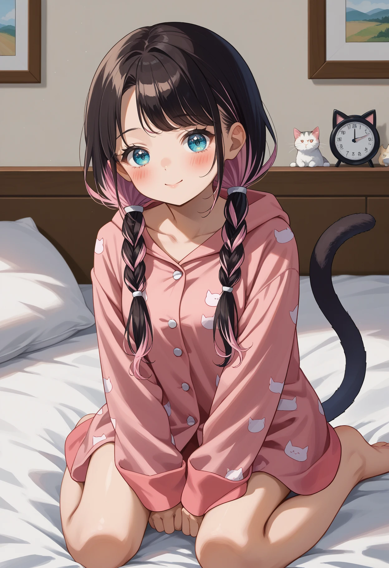 score_9, score_8_up, source_anime, 1girl, solo, NazunaPjs, blue eyes, multicolored hair, black hair, pink hair, long hair, low twintails, twin braids, pink pajamas, hood down, long sleeves, bare legs, no pants, cat tail, indoors, on bed, kneeling, blush, smile, <lora:ChamNazunaKagaPonyXL:1>