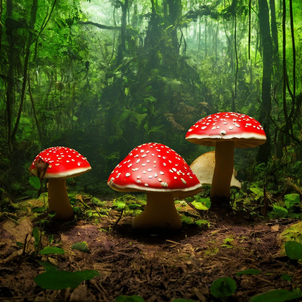 masterpiece, giant mushrooms with red caps, background enchanted jungle, 8K, <lora:realmushroom_v10:1>