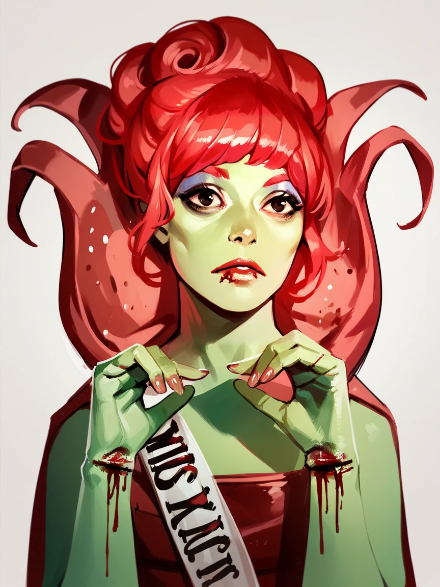 score_9, score_8_up, score_7_up, score_6_up, score_5_up,  <lora:MissArgentinaXLP:1> miss argentina, 1girl, solo, red hair, green skin, makeup, dress, portrait, blood