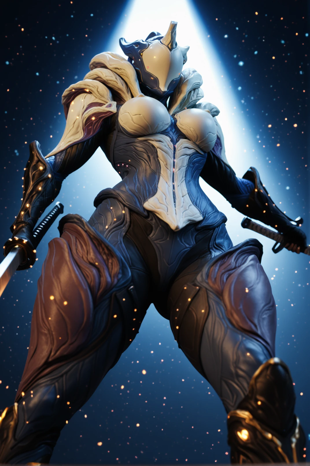 ((Low-Angle Shot)),<lora:Saryn_-_Warframe_-_project_deal:1>saryn \(warframe\), score_9, score_8_up, score_7_up, BREAK 1girl.
Epic low-angle shot of a futuristic warrior in standing split pose, prominently wielding a gleaming katana, blade reflecting light, biomechanical armor, dramatic backlighting, cyberpunk samurai, organic curves, blue and white accents, glowing particles, intense stance with legs wide apart, helmet with horn-like protrusions, muscular figure, contrasting shadows, cinematic lighting from above, dark background with light beam, katana held at eye level, blade parallel to ground, 8k ultra-detailed, octane render, (faceless),
(Swordsmaster, Bladedancer, Iaijutsu, Kenjutsu, Swordbearer, Bladeweaver, Swordsworn)