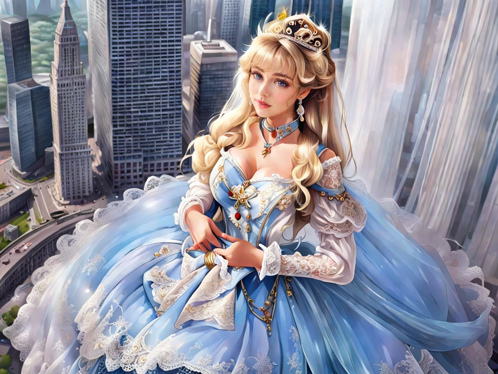 (masterpiece, best quality:1.2),illustration,8k,hd,1 girl,very long hair,(from above:1.4),solo,blonde hair,byrs,jewelry,dress,long sleeves,hair ornament,earrings,necklace,lace,tiara,choker,bow,lace-trimmed dress,(cleavage:1.2),(huge breasts:1.2),hands on own chest,(skyscraper:1.4),<lora:killerè¸é¨å¤§å°è°èå¨v2-02:1>,(european princess:1.2),<lora:byrs XL:0.8>,<lora:add-detail-xl:0.8>,