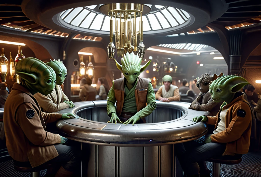 cinematic film still of <lora:Mos-Eisley-Cantina:0.8> MosEisley-Cantina bar, star wars style alien creatures sitting talking, insanely detailed, lifelike, centered, portrait, atmospheric, intricate, character photography, 8k, sharp focus, unreal engine 5, volumetric lighting, octane render, vray, character photography, Fujifilm XT3, DSLR, 50mm, ultra-realistic, hyperrealism, authentic Star wars atmosphere, sci-fi vibes masterpiece, trending on artstation, <lora:star wars style:0.2> <lora:detailed:0.4> detailed <lora:perfection style:0.4> perfect <lora:PerfectEyesXL:0.5> <lora:Chiaroscuro Lighting Style:0.3>