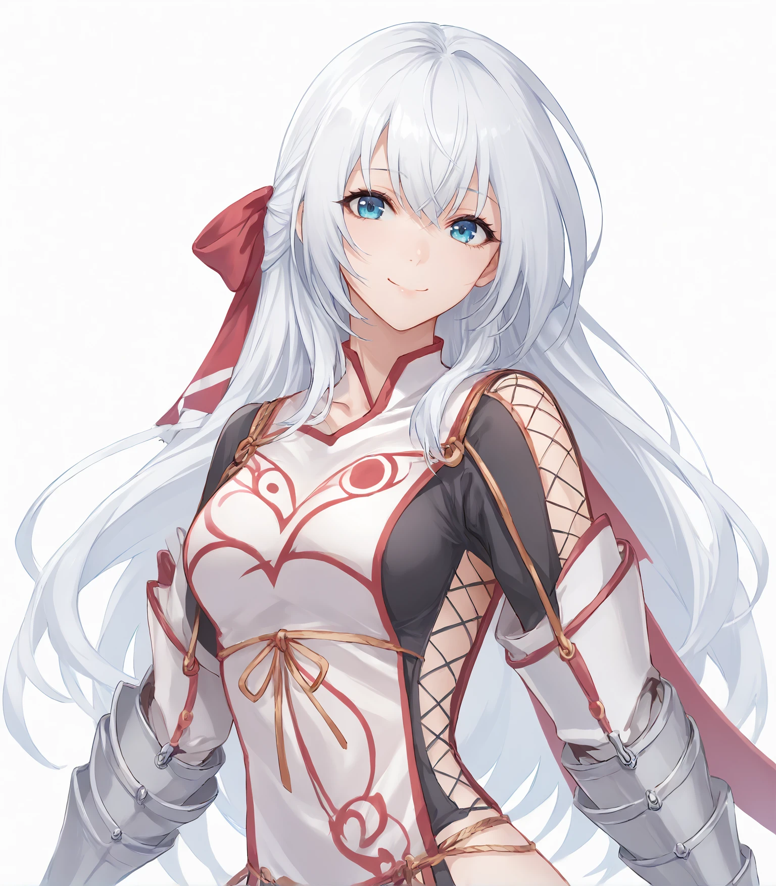 score_9, score_8_up, score_7_up,
1girl, solo, <lora:ShizunaYin:0.9>, Shizuna Rem Misurugi, white hair, long hair, hair ribbon, blue eyes, medium breasts, tabard, armored boots, thighhigh boots, armored gauntlet, pelvic curtain,, 
upper body, portrait,, looking at viewer, smile,
simple background, white background,
<lora:LDART_style_pony_v3:0.7>,, <lora:Racoonkun_Artist_Style:0.4>, racoonsan,,