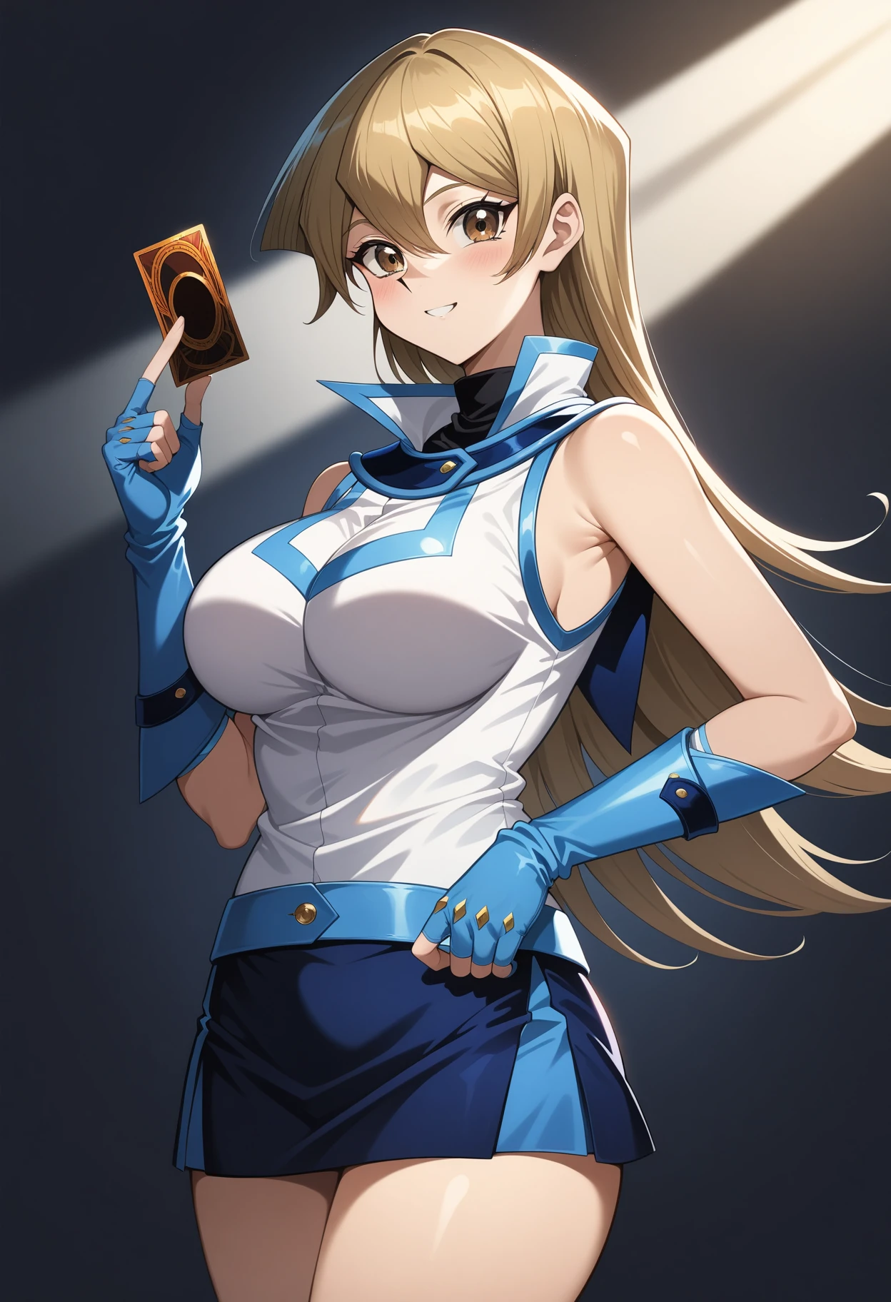 (masterpiece, best quality, very aesthetic, ultra detailed), intricate details, 4k, aaasuka, long hair, blonde hair, brown eyes, breasts, turtleneck, white jacket, sleeveless, fingerless gloves, blue gloves, miniskirt, blue skirt, <lora:tenjouin_asuka_animagine_v1:0.9>, standing, cowboy shot, holding card, smile,