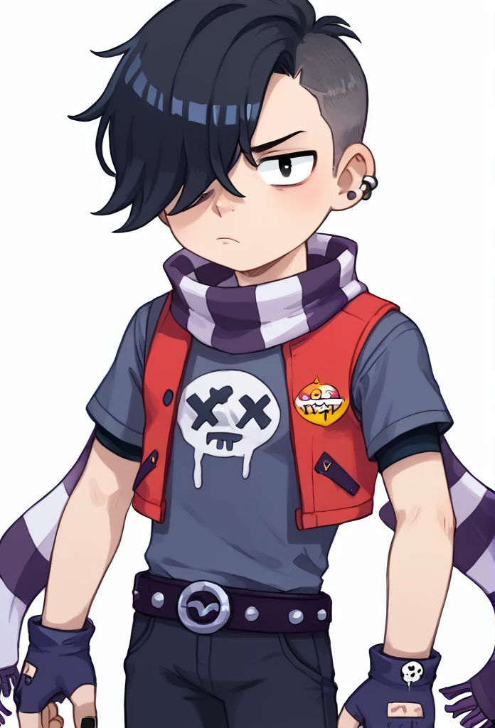 score_9, score_8_up, score_7_up, BREAK,  <lora:bsedgar:1>bsedgar    , 1boy , red vest , short hair , black hair, hair over one eye, ear piercing, solo,striped scarf  grey shirt,  short sleeves, belt , black pants ,black gloves,  looking at viewer,   fingerless gloves, black nails,  <lora:PossumMachine:1>posmach   ,confused,