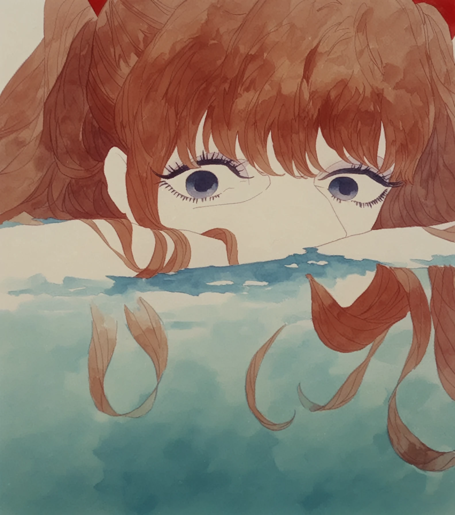 <lora:Belladonna_pony_v1:1>a frame from "Belladonna of Sadness \(1973\)", surrealist art piece, dreams,watercolor, asuka langley soryu, water, score_9, score_6_up, score_7_up