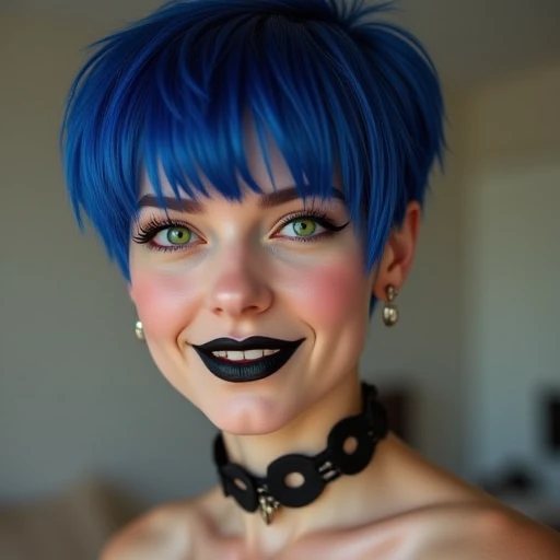 courtneystarr, portrait, face, close up portrait, in the bedroom, realistic, 3d, smooth, high details, masterpiece, 4k, smile, (blue hair), (short hair), (black choker), (black lips), (green eyes), (earrings), (makeup), (young woman), sexy, cute, 1girl, (pale skin)