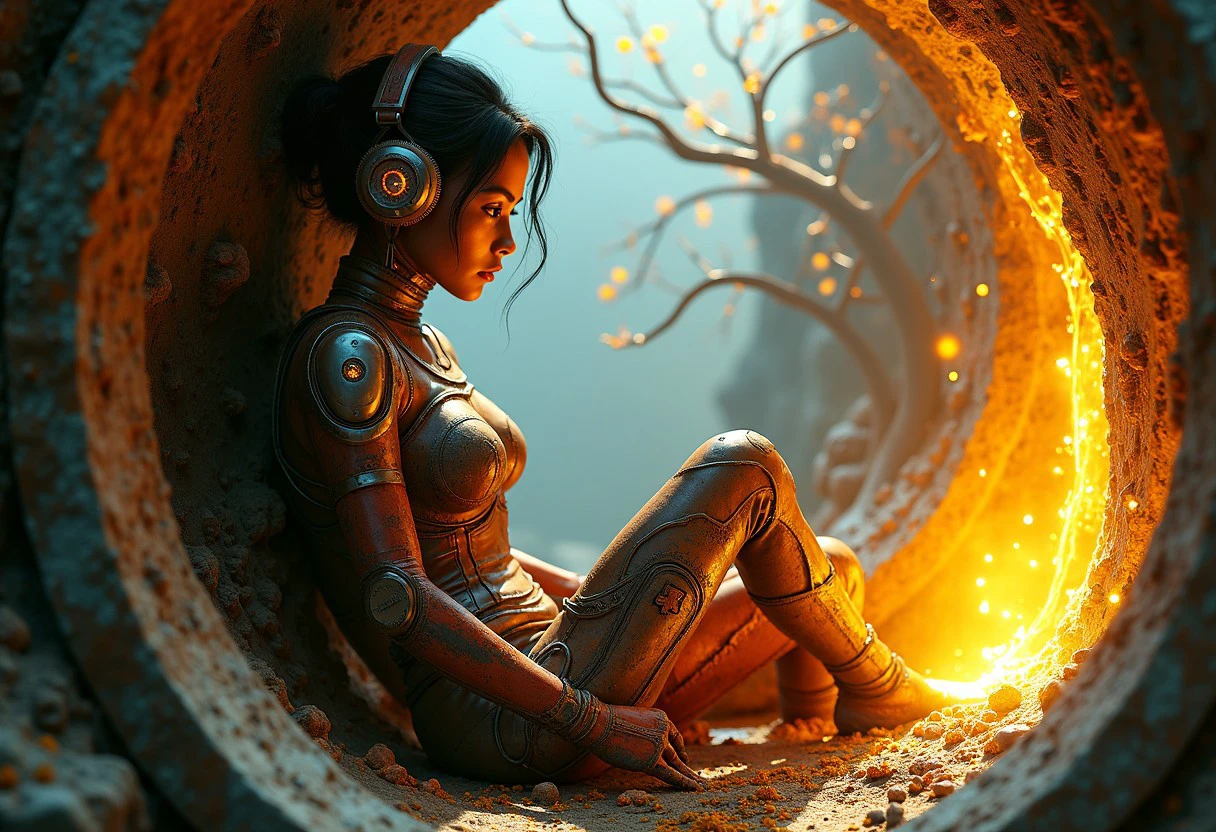 realistic rendering, side view and slightly angled view of a  a female rusty figure inside a futuristic mecha cockpit, surrounded by intricate painel technological details, mechanical dead_tree at the background growing, a golden bright liquid flowing from the walls to the floor. The medium appears to resemble digital art with vibrant colors and a high level of detail, cinematic lighting