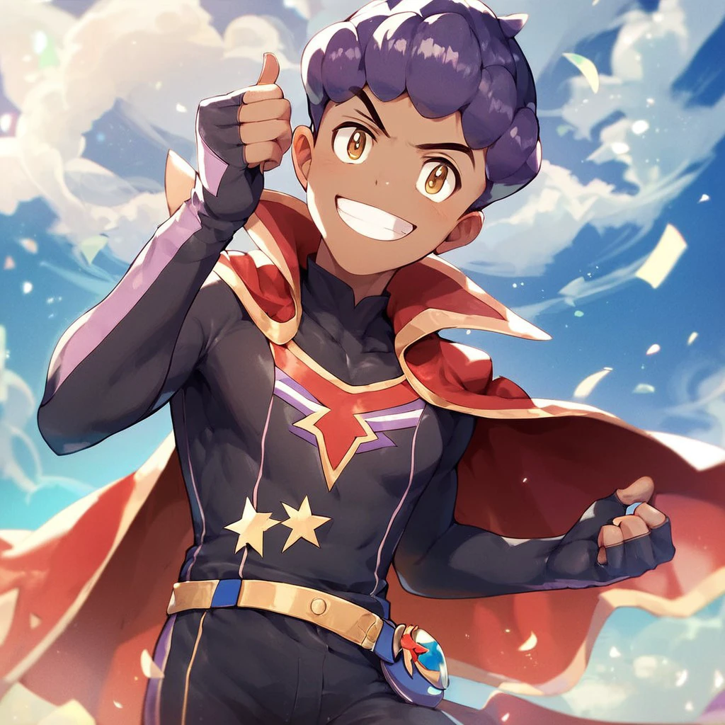 (masterpiece), score_9, score_8_up, score_7_up, score_6_up, score_5_up, score_4_up, 1boy, solo, Hop, dark purple hair, light brown eyes, dark skin, champion suit, red cape, grin, looking at viewer