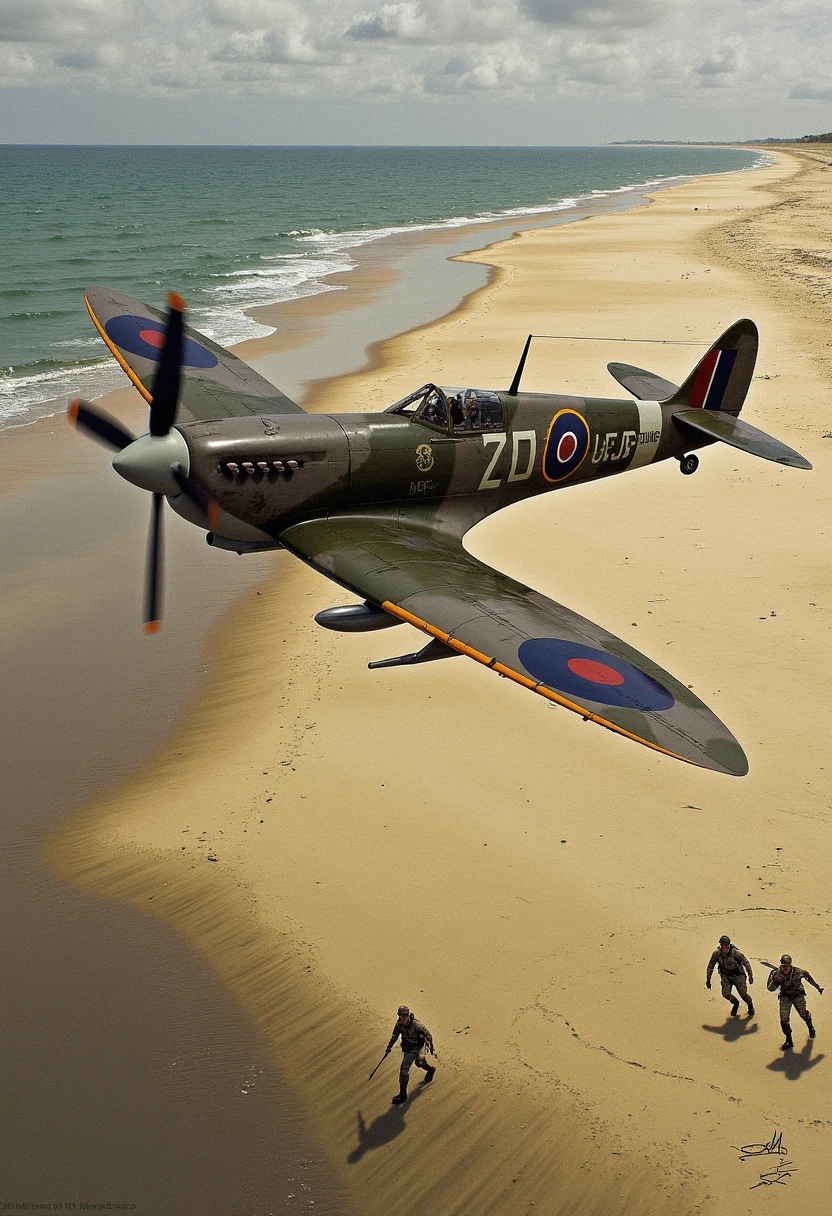 A gritty, graphic novel-style image of a Supermarine Spitfire Mk IX soaring above the beaches of Normandy on D-Day. The artwork features muted colors, with a focus on intense detail in the Spitfire’s weathered fuselage and the chaos below on the ground. The scene conveys the tension of the moment, with dark, dramatic shading and stark contrasts between light and shadow. Soldiers are seen advancing in the distance, their silhouettes casting long shadows across the sand.