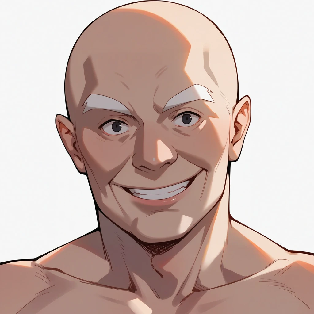 score_9, score_8_up, score_7_up, score_6_up, score_5_up, score_4_up, BREAK, anime, anime style, 1boy, old man, solo,bald , 68 years old, black eyes,  white background,, white eyebrows, open eyes, smile, navel,from front, upperbody,nude
<lora:Smooth Anime Style LoRA XL:1>