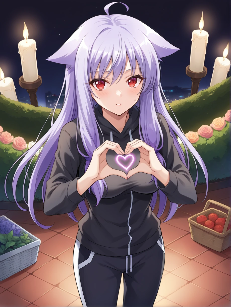 score_9, score_8, score_7_up, source_anime
1girl, Kiriya Nozomi , purple hair, flat animal ears,  long hair,  solo,  red eyes, 
sweatpants, pullover, heart hands
candle-filled,garden,picnic, glowing,neon,lights,twinkling, from above, socks
,medium breasts, perky breasts,
 <lora:Kiriya Nozomi é§è°· å¸ v0.1 :0.6>  <lora:StS_PonyXL_Detail_Slider_v1.4_iteration_3:0.2> <lora:Expressive_H:0.1> <lora:housechores-guy-PONYv1:0.4>