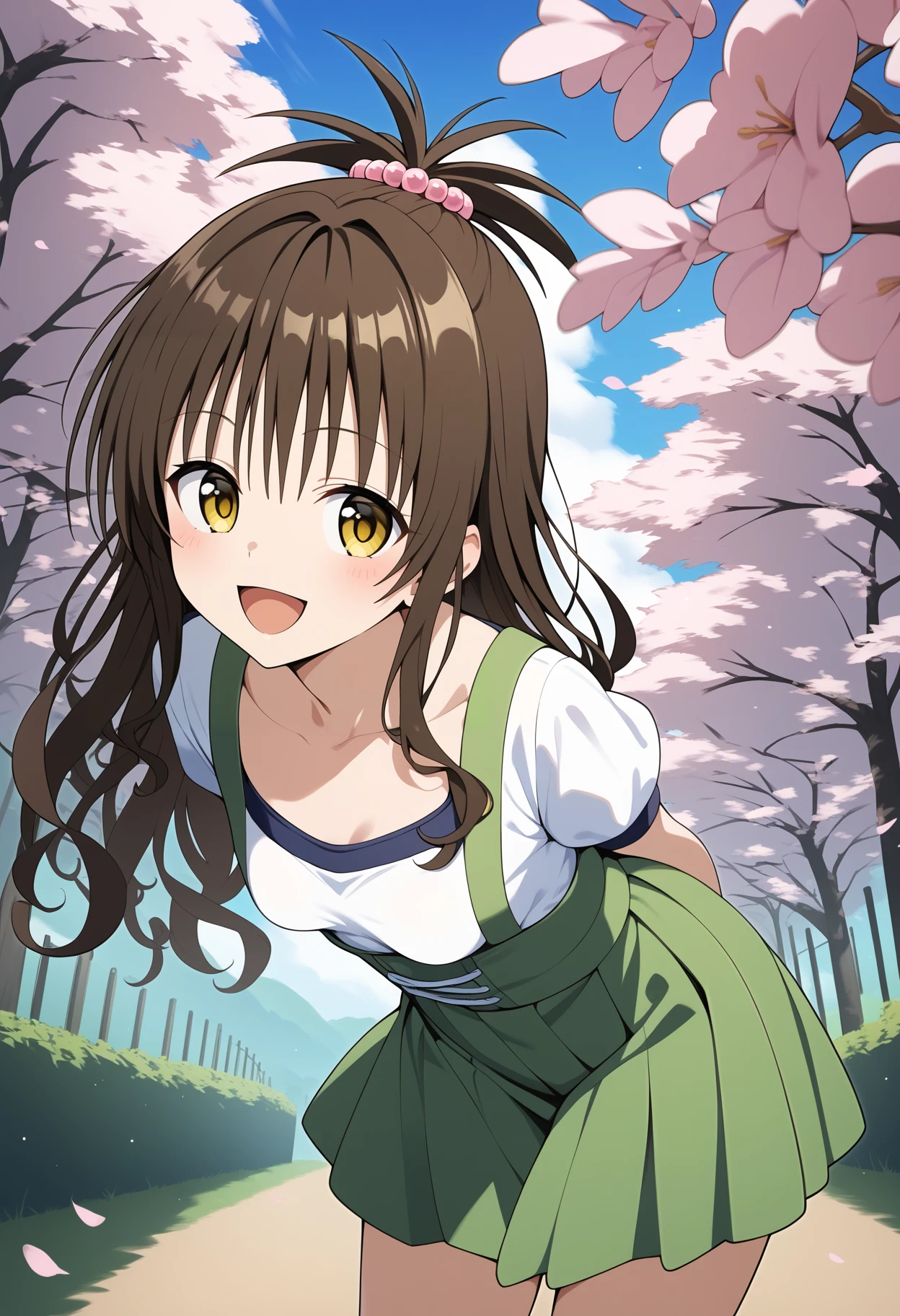 score_9, score_8_up, score_7_up, score_6_up, score_5_up, score_4_up, source_anime, aamikan, solo, long hair, brown hair, topknot, hair bobbles, yellow eyes, small breasts, <lora:yuuki_mikan_ponyxl_v1:0.9>, suspender skirt, high-waist skirt, smile, open mouth, standing, cowboy shot, leaning forward, bent over, outdoors, cherry blossoms, arms behind back,