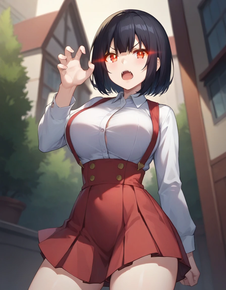 score_9,score_8_up,score_7_up,score_6_up BREAK official art,solo,outdoors,upper body,(portrait:1.5),looking at viewer,facing viewer,angry,frown,pale skin,Hiraki Hanako,short hair,black hair,bangs,glowing eyes,red eyes,open mouth,fangs,school uniform,collared shirt,white shirt,long sleeves,claw pose,large breasts,high-waist skirt,suspenders,red skirt,thick thighs,white socks,loafers,<lora:Hiraki Hanako(th vs se)-Pony:1.3>,<lora:Smooth Anime Style LoRA XL:0.8>,