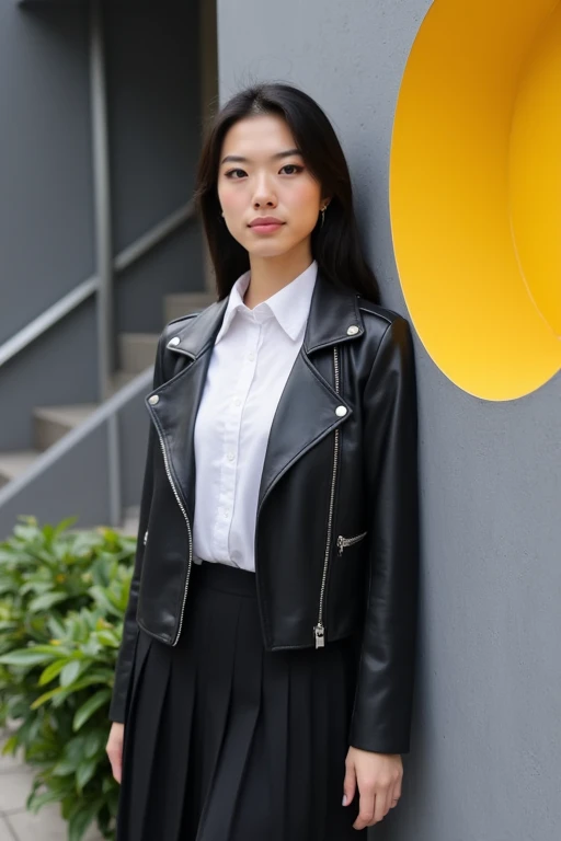 akanemsko, an asian akanemsko 1girl, standing outdoors in a casual, yet stylish outfit. She has a light complexion, straight black hair that falls past her shoulders, and a confident, poised expression. She is wearing a black leather jacket with silver zippers and a white button-up shirt underneath. The shirt is neatly tucked into a high-waisted, pleated black skirt that falls to her knees. Her makeup is subtle, with a focus on a natural look, featuring a hint of pink lipstick and soft eye shadow. 
She is leaning against a gray wall with a large, round yellow window to her right. A small potted plant with lush green foliage is partially visible to her left, adding a touch of nature to the urban setting. The background also includes a modern, metal-framed door and a set of stairs, suggesting a residential or commercial building. The overall composition of the image captures a blend of urban and natural elements, highlighting the woman's modern, fashionable attire in a contemporary urban environment. <lora:AkaNemsko_Flux:0.6>