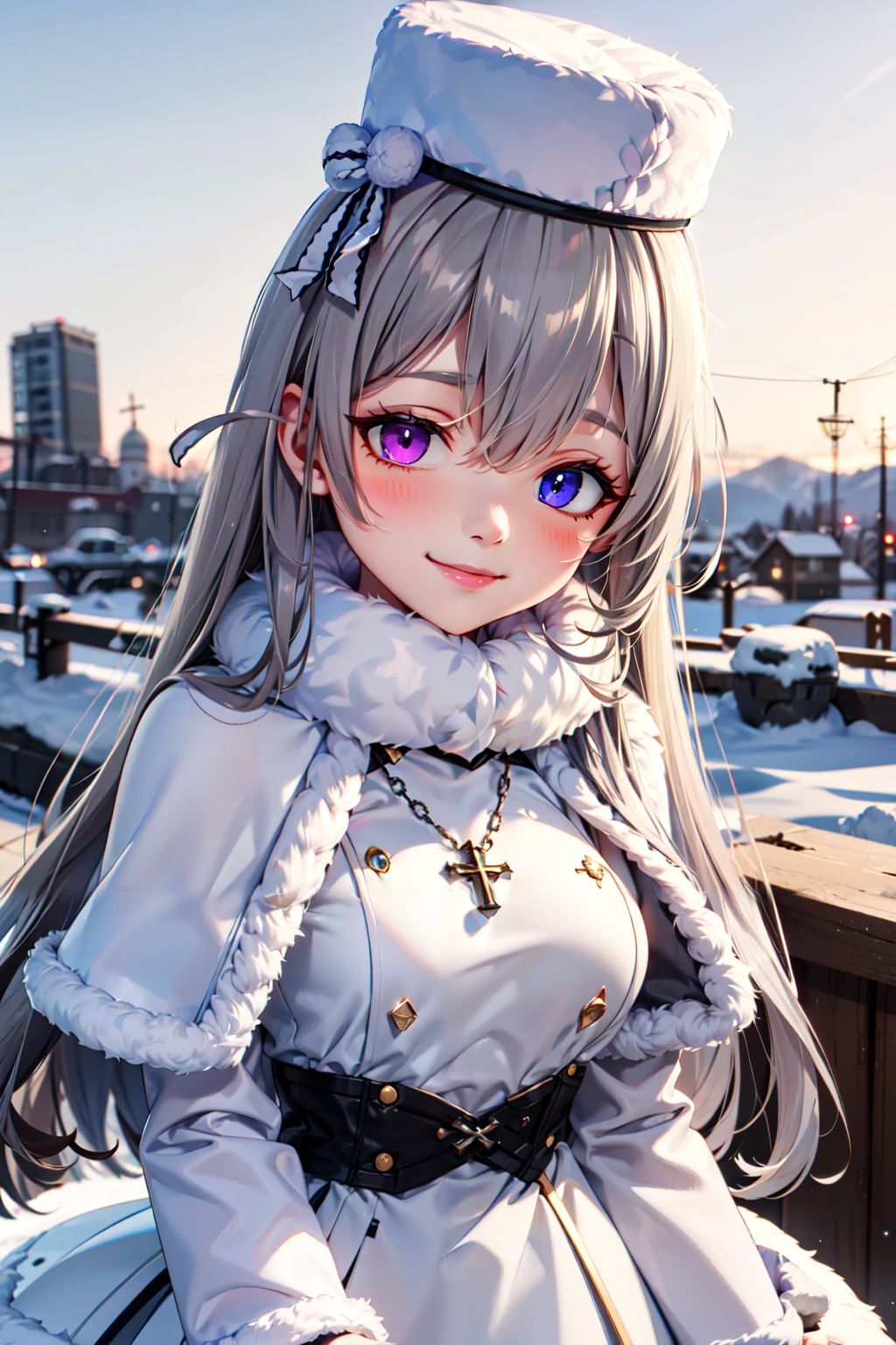 (masterpiece), <lora:Beautiful_CAT_v3:0.8>, best quality, high resolution, highly detailed, perfect lighting, (upper body), , <lora:Murmansk_Azurlane:0.8>, zzMurmansk, long hair, purple eyes, heterochromia, blue eyes, bangs, grey hair, hat, white headwear, cross necklace, fur-trimmed dress, white dress, papakha, black pantyhose, long sleeves, black belt, white coat, capelet, winter coat, ,  , solo, smiling, looking at viewer,, BREAK, leaning forward, head tilt, blush, upper body,