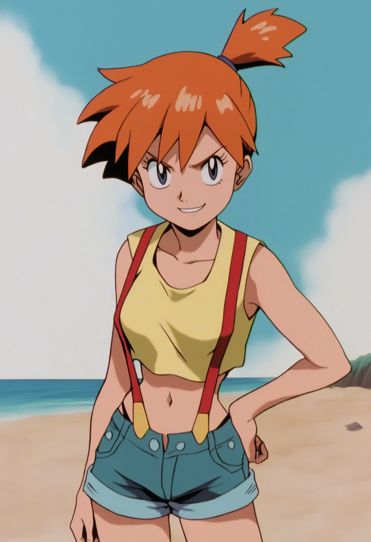 score_9, score_8_up, score_7_up,  sksgw, retro artstyle, BREAK, 
1girl, misty \(pokemon\), orange hair, wearing a yellow crop top and a short shorts, thong, suspenders, challenging the viewer, smirk, BREAK, sand, sea, blue sky, tropical island background  <lora:GundamWingXLLocon_byKonan:1>