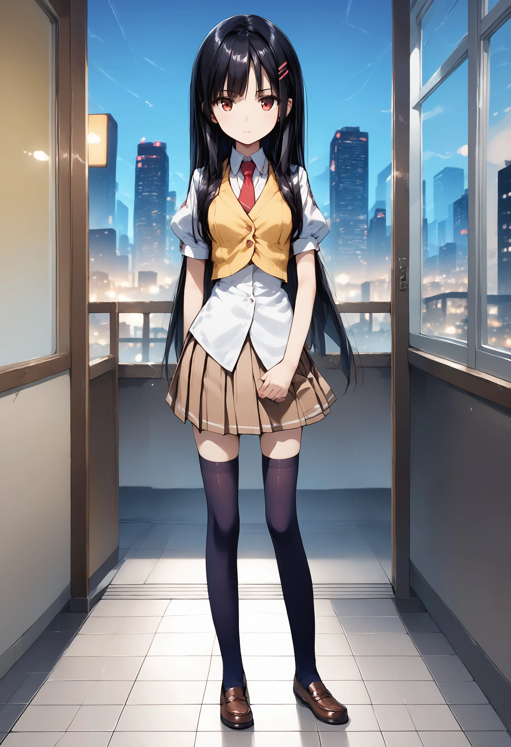 3nah1me, 1girl, solo, thighhighs, skirt, necktie, black thighhighs, zettai ryouiki, vest, school uniform, shoes, loafers , city, city lights, cityscape,indoors,tile floor, reflective floor, skyscraper,window,summer season, light particles,yellow theme, dark background,Standing,lean forward, looking at viewer,(zPDXL2:1.5), , <lora:584554b1-5638-4ae3-a13c-f32e986cc10d:1.0>, <lora:d73a94d8-d621-43ad-a0df-a7200916478b:1.0>