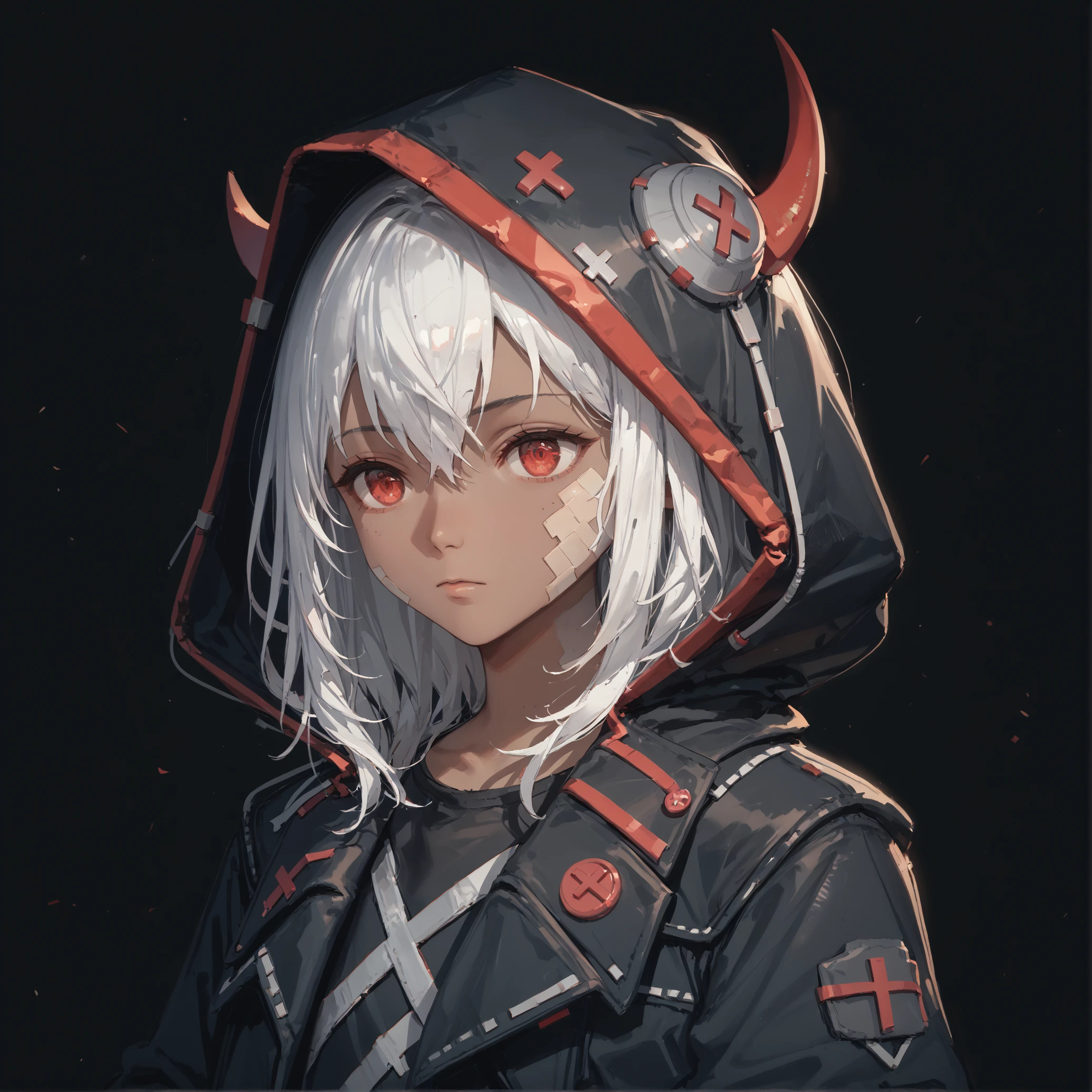 score_9, score_8, score_7_up masterpiece, amazing quality, hyper detailed, high resolution, highres, (embedding:zPDXL3:1.1),


Ivy, 1girl, solo, dark skin, dark-skinned female, white hair, hair between eyes, bangs, red eyes, black jacket, hooded jacket, hood up, horns, bandaid, portrait, upper body, 


black background,