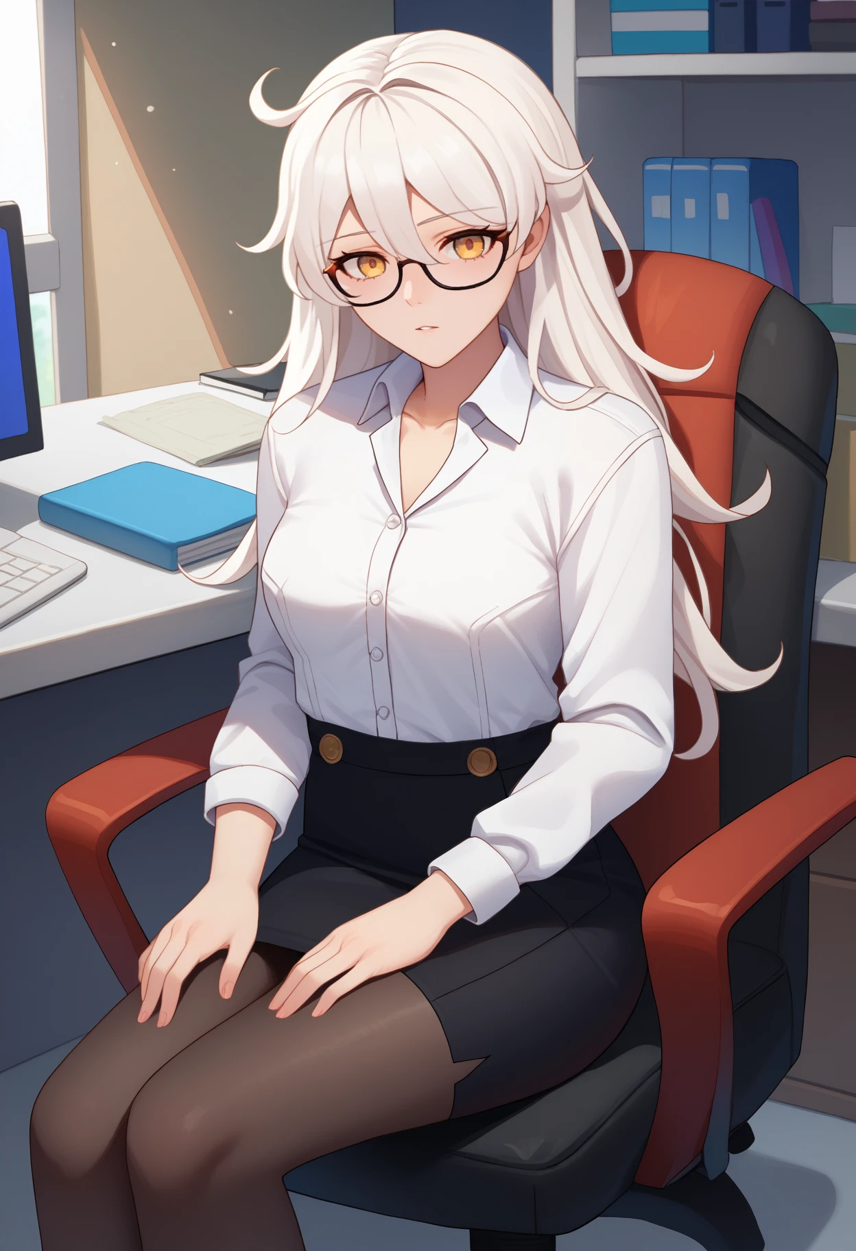 score_9, score_8_up, score_7_up, source_anime, <break> solo, 1girl, unkwngd, parted lips, looking at you, sitting, swivel chair, long hair, white hair, yellow eyes, glasses, white shirt, collared shirt, black skirt, pencil skirt, black pantyhose, indoors, office
<segment:yolo-face_yolov8m.pt,0.4,0.5//cid=1>