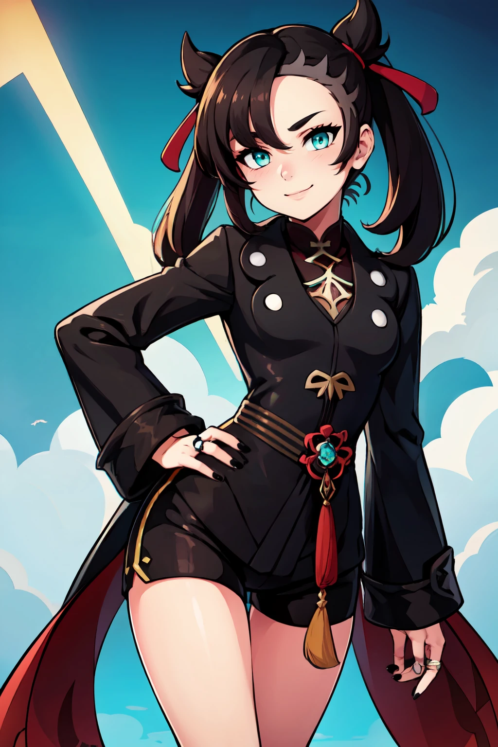 ((masterpiece,best quality)), absurdres,  BREAK, , <lora:MarnieHutao:0.8>,  zzMarnie, aqua eyes, red ribbon,  genshin impact, long sleeves, jewelry, shorts, wide sleeves, coat, chinese clothes, black shorts, ring, black nails,, BREAK, hip to the side, hand on hip, contrapposto,, BREAK, solo, smile, looking at viewer, cowboy shot,