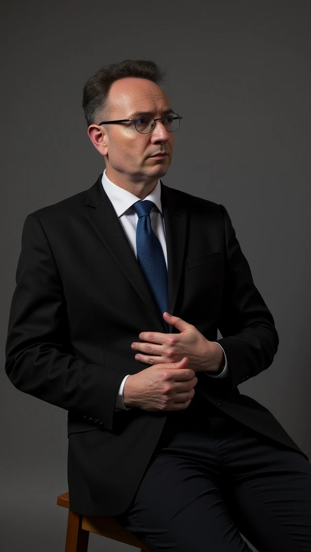 middle age Michiel Leezenberg wearing glasses and a black italian suit with blue tie, leaning on a stool, serious face, professional fashion photoshoot  <lora:Michiel Leezenberg V1:1>