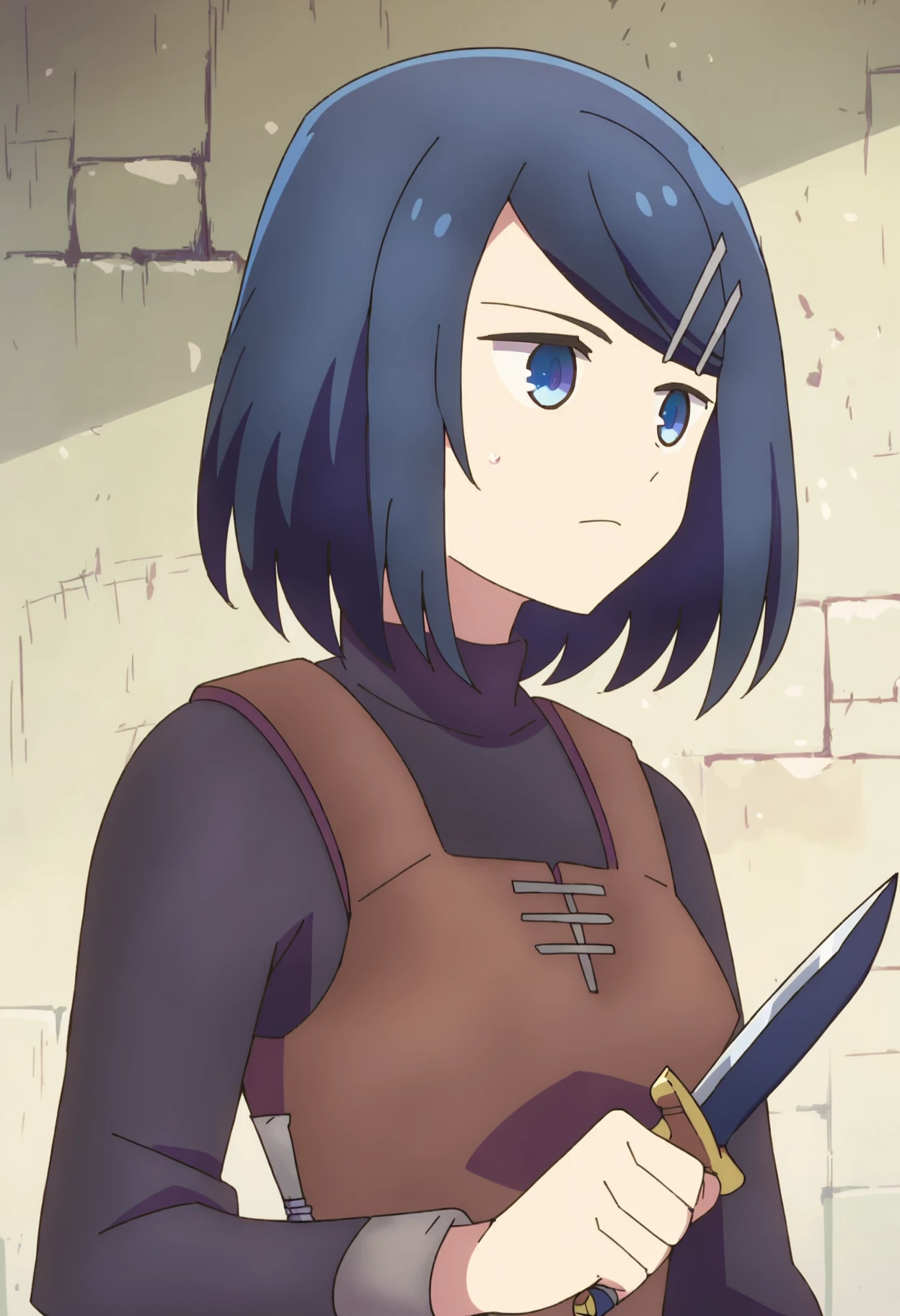 clay, 1girl,  solo, medium hair, dark blue hair, holding dagger,  score_9, score_8_up, score_7_up, masterpiece, best quality, upper body,   <lora:dungeon-people-pack-ponyXL-v0.8-000013:1>