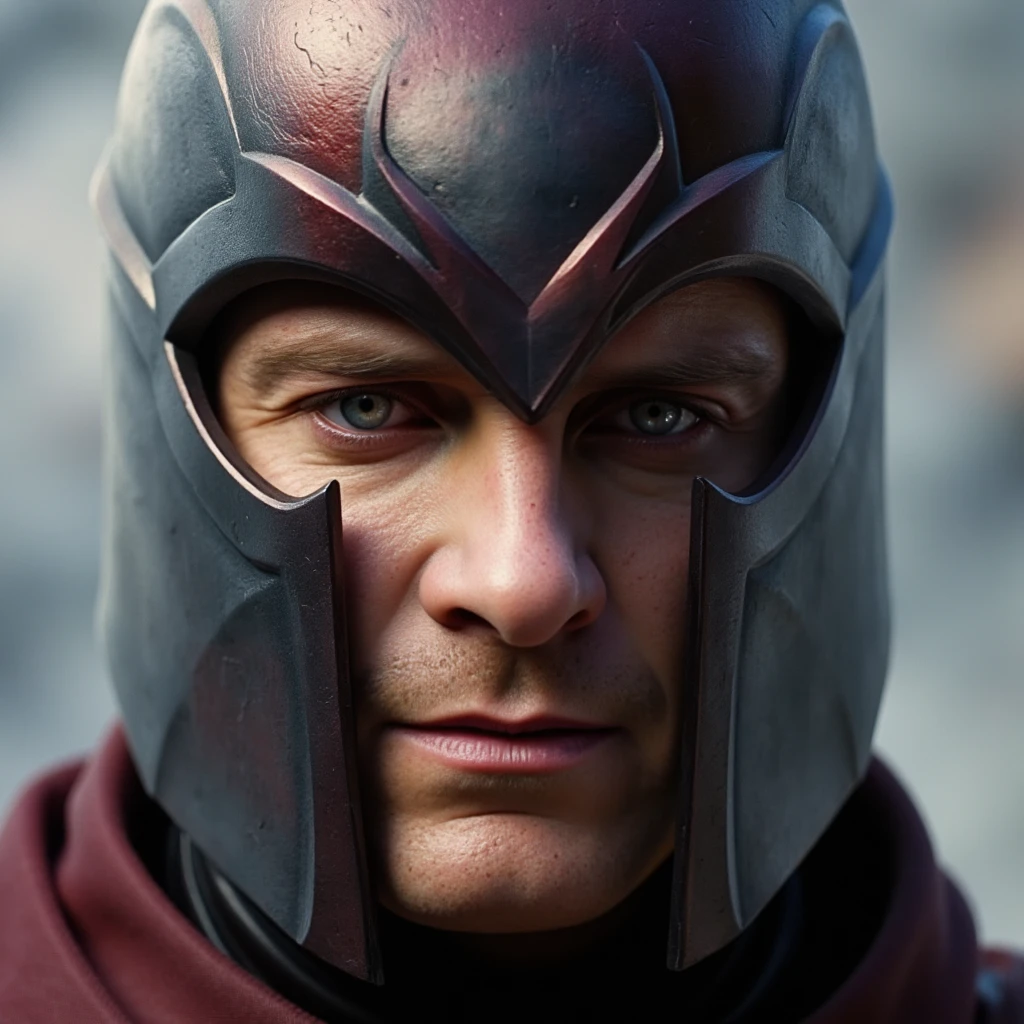 MFSB, Envision an extreme close-up of Magneto’s face, partially obscured by his iconic helmet. His eyes glow with intense focus, reflecting the power he commands. Faint arcs of electricity crackle around his head, highlighting the metal sheen of his helmet. His brow is furrowed in concentration, lips pressed into a determined grimace, as if he’s in the middle of manipulating vast magnetic forces. The faint shimmer of levitating metal fragments hovers around him, blurring the background. The tension in his expression, combined with the electric energy dancing around him, creates a sense of immense, barely contained power.