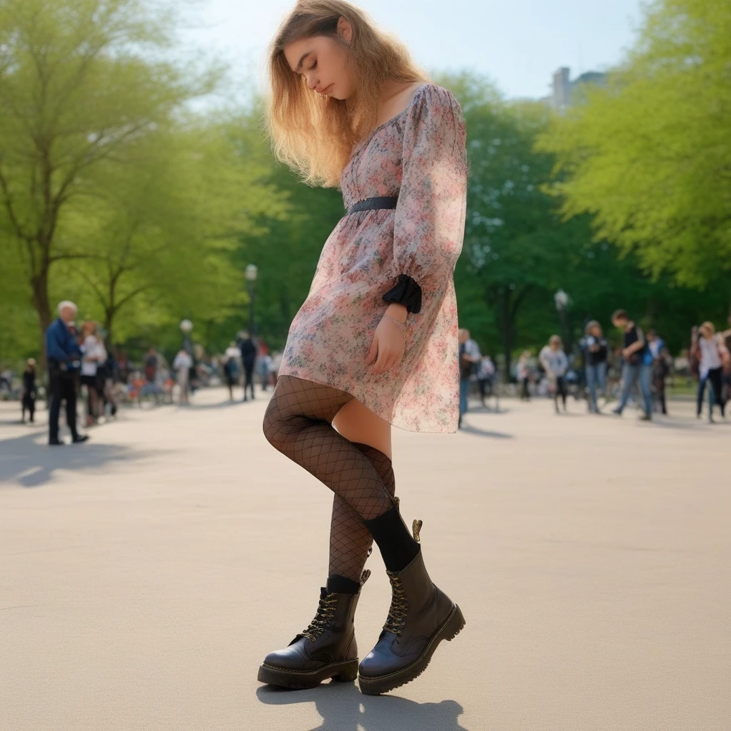 best quality, high quality, masterpiece, lower body, foot focus, girl, standing, blushing, shy, looking down, floral print dress, puffed sleeves, halfup hair, fishnet thighhighs, dm boots, outdoors, public park, sunshine