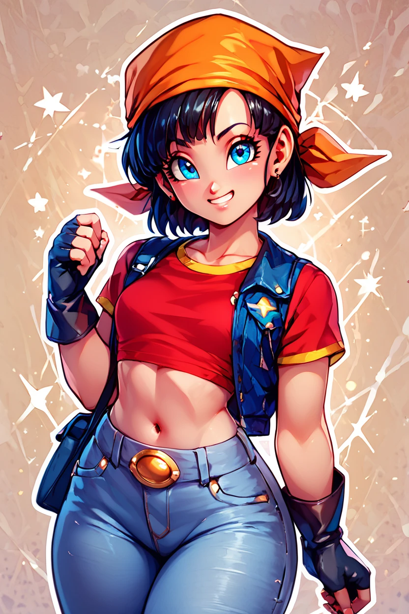 score_9, score_8_up, score_8, medium breasts, (curvy), cute, eyelashes,       BREAK, , zzPan, black hair, short hair, bandana, gloves, fingerless gloves, red shirt, denim pants,  <lora:Pan_Dragonball_PDXL:0.8>, , BREAK, smile, looking at viewer,  abstract background, white outline, cowboy shot, embedding:zPDXL, Expressiveh, <lora:CatalystStylePDXL:0.6>,  <lora:SDXLFaeTastic2400:0.5>,  <lora:Expressive_H-000001:0.4>,