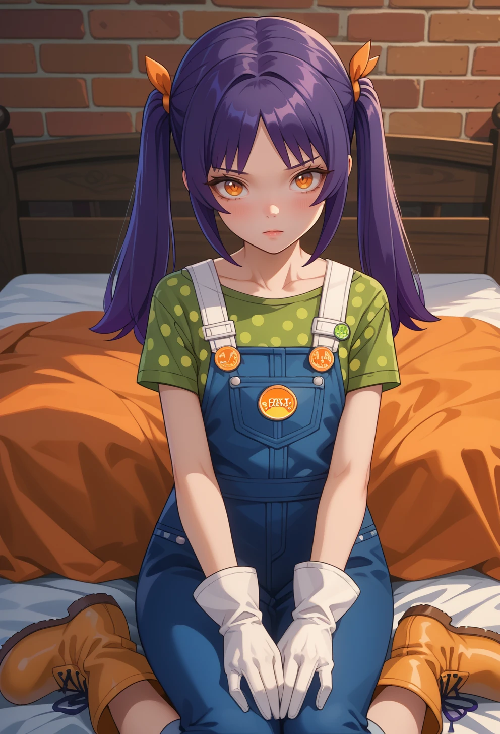 score_9, score_7_up, source_anime, BREAK <lora:AESjal:0.7> AESjal, orange eyes, long hair, purple hair, sidelocks, twintails, hair ribbon, orange ribbon, badge, blue overalls, green shirt, polka dot shirt, short sleeves, white gloves, overall skirt, capri pants, boots, yellow footwear, sitting, on bed, pov, from above, looking up, light blush, from side,