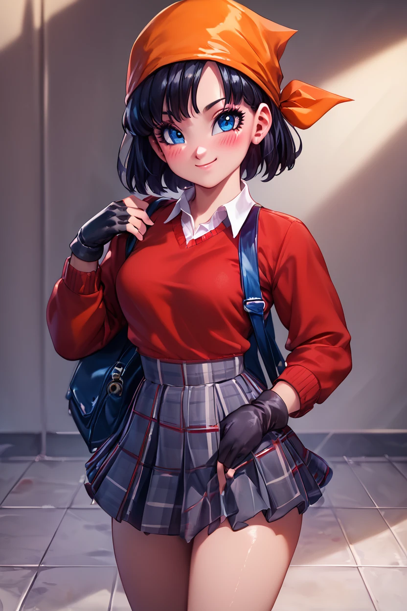 score_9, score_8_up, score_8, medium breasts, (curvy), cute, eyelashes,       BREAK, , zzPan, black hair, short hair, bandana, gloves, fingerless gloves, red shirt,  <lora:Pan_Dragonball_PDXL:0.8>, , BREAK, closed mouth, alternate costume, smile, looking at viewer, collared shirt, blush, sweater, black skirt, eyelashes, long sleeves, sleeves past wrists, plaid skirt, shoulder bag, black bag, blurry, tile floor, pleated skirt, white shirt, cowboy shot,  embedding:zPDXL, Expressiveh,  <lora:Vivid:0.7>,  <lora:Uncensored_PonyXL_cpt_v02.09:0.4>,  <lora:Expressive_H-000001:0.4>,