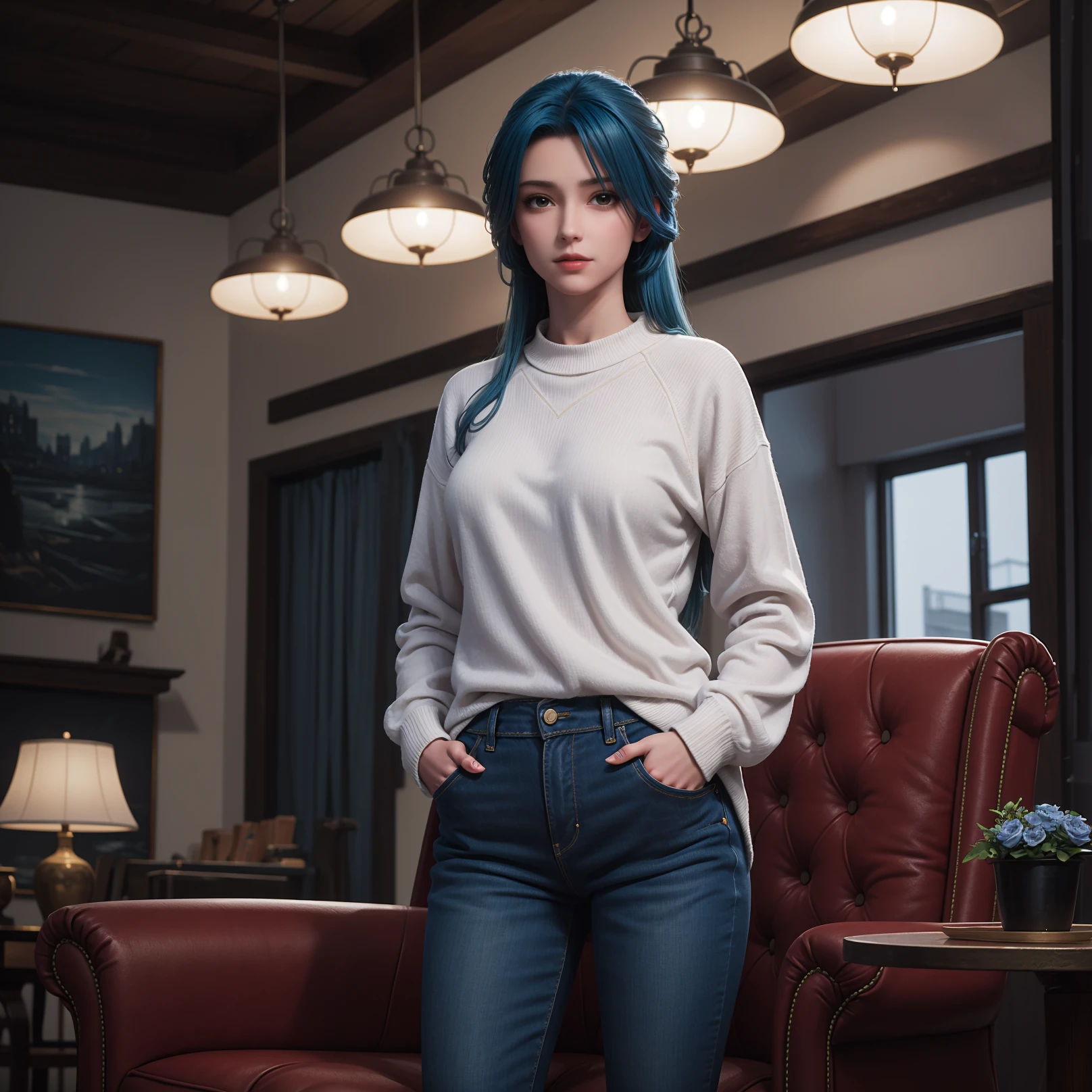 1girl,solo,((blue hair)),white sweater,jeans,long hair,sitting on armchair,((hands in pockets)),indoors,scenery,night,photoshop \(medium\),Highly detailed,(ultra-detailed),(best quality,masterpiece:1.5),<lora:tanghuoer:0.4>,