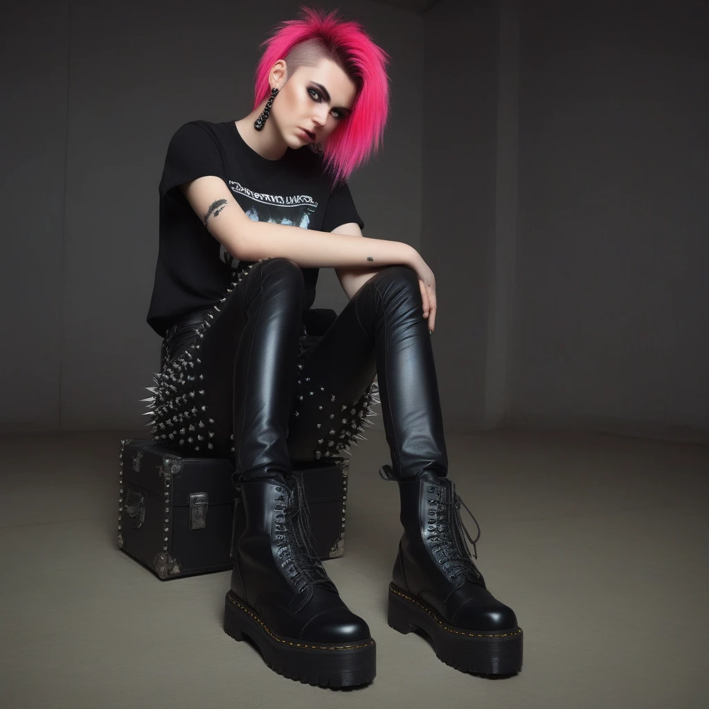 best quality, high quality, masterpiece, hyperrealistic, girl, sitting, goth girl, legs crossed, spiky gradient hair, black logo tshirt, leather trousers, studs, dm boots, black dm boots, rock club, dimly lit, neon light